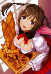 Rule 34 | 10s, 1girl, :d, absurdres, baguette, blue eyes, bow, braid, bread, breast rest, breasts, brown hair, cleavage, food, from above, happy, highres, holding, indoors, large breasts, looking at viewer, neris (shining hearts), open mouth, scan, sega, shining (series), shining hearts, shining world, single braid, smile, solo, tony taka, tray, twin braids, window