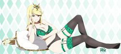 Rule 34 | 1girl, absurdres, argyle, argyle background, argyle clothes, arm support, artist name, black panties, black thighhighs, blonde hair, bra, breast hold, breasts, bridal garter, cleavage, commission, earrings, floral print, full body, gradient background, green bra, hand on own cheek, hand on own face, highres, jewelry, large breasts, leaning back, lingerie, long hair, looking at viewer, mismatched underwear, mythra (xenoblade), orange eyes, panties, parted lips, pillow, pixiv commission, print bra, r3dfive, sitting, smile, solo, swept bangs, thighhighs, tiara, underwear, underwear only, very long hair, xenoblade chronicles (series), xenoblade chronicles 2