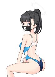 Rule 34 | 1girl, 28 (282teeth), absurdres, ass, bare arms, bare legs, bare shoulders, black eyes, black hair, black mask, blue archive, blue one-piece swimsuit, breasts, competition swimsuit, feet out of frame, halo, highres, long hair, looking at viewer, mask, medium breasts, mouth mask, one-piece swimsuit, ponytail, simple background, solo, sukeban (smg) (blue archive), surgical mask, swimsuit, white background