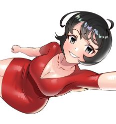 Rule 34 | 1girl, absurdres, ahoge, animification, black eyes, black hair, blush, breasts, cleavage, clenched hand, collarbone, daniaeru, dress, from above, highres, jucika, jucika (comic), looking at viewer, looking up, red dress, selfie, short hair, sitting, smile, solo, v-neck, white background, wide hips