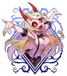 Rule 34 | 1girl, blonde hair, blush stickers, bow, bowtie, breasts, charlie morningstar, demon girl, formal, hazbin hotel, horns, kyo-hei (kyouhei), pointy nose, suit, tail, teeth, traditional bowtie, white background