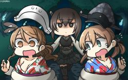 Rule 34 | 3girls, anchor hair ornament, black skirt, blush, breasts, brown hair, cosplay, forest, hair ornament, hamu koutarou, hat, headgear, highres, japanese clothes, kantai collection, kimono, large breasts, littorio (kancolle), long hair, long sleeves, looking at viewer, military, military hat, military uniform, miniskirt, multiple girls, nature, open mouth, outdoors, peaked cap, ponytail, prinz eugen (kancolle), short hair with long locks, skirt, small breasts, taihou (kancolle) (cosplay), taihou (kancolle), twintails, uniform, yukata