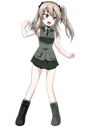 Rule 34 | 1girl, :d, absurdres, black jacket, black necktie, black ribbon, black skirt, boots, brown eyes, combat boots, commentary, cross-laced footwear, dress shirt, fighting stance, full body, girls und panzer, girls und panzer gekijouban, grey socks, hair ribbon, highres, jacket, kamishima kanon, lace-up boots, light brown hair, long hair, looking to the side, military, military uniform, miniskirt, necktie, one side up, open mouth, pleated skirt, ribbon, selection university military uniform, shimada arisu, shirt, simple background, skirt, sleeveless, smile, socks, solo, standing, uniform, white background, white shirt, wing collar