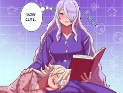 Rule 34 | 1boy, 1girl, blush, breasts, camilla (fire emblem), commentary, corrin (fire emblem), corrin (male) (fire emblem), crescent, english commentary, fire emblem, grid background, hair between eyes, hair over one eye, lap pillow, large breasts, mnejing30, mullet, nintendo, nose bubble, pajamas, parted bangs, purple eyes, siblings, sidelocks, sleeping, sleeping on person, smile, sound effects, speech bubble, star (symbol), two-tone background, white hair