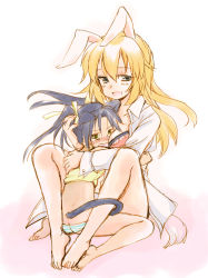 Rule 34 | 2girls, animal ears, barefoot, black hair, blue eyes, blush, breast smother, breasts, cat ears, cat tail, charlotte e. yeager, face to breasts, feet, francesca lucchini, green eyes, hair ribbon, hug, long hair, medium breasts, multiple girls, orange hair, panties, rabbit ears, rabbit girl, ribbon, sanpachishiki (gyokusai-jima), sketch, strike witches, striped clothes, striped panties, tail, tears, underwear, world witches series, yuri