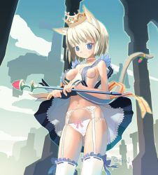 Rule 34 | 1girl, animal ears, bad id, bad pixiv id, blonde hair, blue eyes, clothes lift, crown, day, garter belt, hat, lingerie, naked suspenders, no bra, panties, revealing clothes, ribbon, side-tie panties, skirt, skirt lift, sky, solo, suspenders, tail, thighhighs, topless, tougetsu gou, underwear, wand
