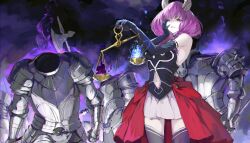 Rule 34 | 1girl, armor, aura (sousou no frieren), balance scale, bare shoulders, clothing cutout, demon girl, demon horns, elbow gloves, gloves, halberd, hand on own cheek, hand on own face, highres, holding scale, horns, living armor, long hair, low-braided long hair, low-tied long hair, magic, mmi ryu, navel cutout, parted lips, polearm, purple hair, skirt, smile, sousou no frieren, weapon, weighing scale