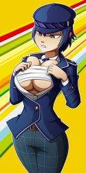 Rule 34 | 1girl, blue hair, breasts, female focus, hat, highres, huge breasts, open clothes, open shirt, persona, persona 4, ravenravenraven, shirogane naoto, solo, underboob