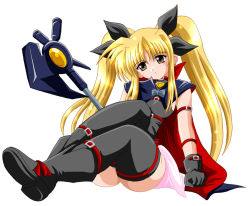 Rule 34 | 00s, 1girl, ankle boots, arm belt, axe, bardiche (device form) (nanoha), bardiche (nanoha), belt, black gloves, black thighhighs, blonde hair, blush, boots, brown eyes, fate testarossa, fate testarossa (original form), full body, gloves, hair ribbon, head tilt, lyrical nanoha, mahou shoujo lyrical nanoha, mahou shoujo lyrical nanoha a&#039;s, miniskirt, polearm, ribbon, simple background, sitting, skin tight, skirt, solo, thighhighs, twintails, weapon, white background