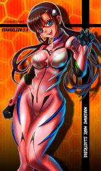 Rule 34 | 00s, 1girl, blue eyes, bodysuit, boken fantasy, breasts, brown hair, evangelion: 2.0 you can (not) advance, female focus, glasses, gradient background, hairband, highres, long hair, makinami mari illustrious, neon genesis evangelion, open mouth, plugsuit, rebuild of evangelion, smile, solo, twintails
