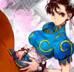 Rule 34 | 1girl, bracelet, breasts, brown eyes, brown hair, bun cover, china dress, chinese clothes, chun-li, double bun, dress, earrings, jewelry, large breasts, lowres, pantyhose, solo, spiked bracelet, spikes, street fighter, street fighter v, toi8