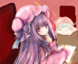 Rule 34 | 2girls, bad id, bad pixiv id, blue hair, book, bow, crescent, crescent hair ornament, finger to mouth, hair ornament, hat, hat bow, highres, himemurasaki, long hair, mob cap, multiple girls, patchouli knowledge, purple eyes, purple hair, remilia scarlet, sleeping, touhou