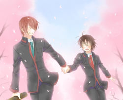 Rule 34 | 2boys, blush, brown hair, cherry blossoms, crying, closed eyes, graduation, grin, holding hands, happy tears, jacket, little busters!, male focus, multiple boys, naoe riki, natsume kyousuke, necktie, petals, red hair, school uniform, sky, smile, tears, tree, yaoi