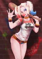 Rule 34 | 1girl, baseball bat, batman (series), belt, blue eyes, bracelet, breasts, chewing gum, choker, colored tips, dc comics, harley quinn, highres, holster, jewelry, lipstick, long hair, makeup, multicolored hair, suicide squad, tattoo, twintails, weapon
