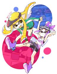 Rule 34 | 2girls, armpits, bike shorts, blonde hair, comamawa, fangs, goggles, goggles on head, hand on another&#039;s knee, hat, highres, holding hands, inkling, inkling girl, inkling player character, jacket, multiple girls, navel, nintendo, ponytail, purple eyes, purple hair, shoes, skirt, smile, splatoon (series), tagme, tank top, visor, yellow eyes