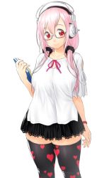 Rule 34 | 1girl, bespectacled, blush, book, breasts, cleavage, curvy, female focus, glasses, headphones, highres, large breasts, long hair, looking at viewer, nitroplus, onsoku inu, pink hair, red eyes, smile, solo, super sonico, thick thighs, thighhighs, thighs, zettai ryouiki