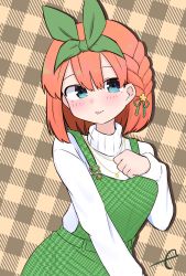 Rule 34 | 1girl, :p, blue eyes, blush, braid, breasts, brown background, closed mouth, eyebrows hidden by hair, go-toubun no hanayome, green ribbon, hair between eyes, hair ribbon, hand up, highres, houndstooth, jewelry, kujou karasuma, long sleeves, looking at viewer, medium breasts, nakano yotsuba, orange hair, overall skirt, pendant, plaid, plaid background, ribbon, signature, sleeves past wrists, smile, solo, sweater, tongue, tongue out, turtleneck, turtleneck sweater, white sweater
