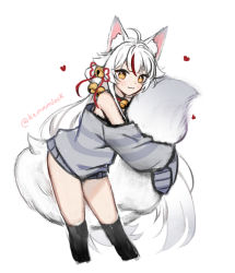Rule 34 | 1girl, :3, animal ear fluff, animal ears, artist name, bell, choker, commentary, english commentary, fox ears, fox girl, fox tail, hair bell, hair ornament, heart, hemmmlock, hugging own tail, hugging tail, kamiko kana, leaning forward, long hair, neck bell, off shoulder, sleeves past fingers, sleeves past wrists, smile, solo, striped clothes, striped sweater, sweater, tail, thighhighs, tsunderia, virtual youtuber, white background, white hair, yellow eyes