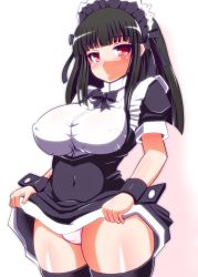 Rule 34 | 1girl, beatmania, beatmania iidx, black hair, black thighhighs, blush, breasts, clothes lift, covered erect nipples, covered navel, curvy, female focus, highres, hinazuki ririna, ini (mocomocccos), initiative, large breasts, long hair, looking at viewer, maid, maid headdress, parted lips, pink eyes, red eyes, skirt, skirt lift, solo, thick thighs, thighhighs, thighs, underbust, wide hips