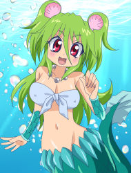 Rule 34 | 1girl, breasts, fins, fish tail, green hair, jewelry, large breasts, long hair, masako (sabotage-mode), mermaid, midriff, monster girl, muromi-san, namiuchigiwa no muromi-san, necklace, red eyes, scales, seashell, shell, solo, tail, twintails