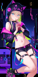 Rule 34 | 1girl, animal hood, bare shoulders, bendy straw, black shorts, blonde hair, blue eyes, blush, breasts, bubble tea, cat hood, crop top, cup, disposable cup, drink, drinking, drinking straw, drinking straw in mouth, highres, holding, holding cup, holding drink, hood, jacket, long hair, looking at viewer, mignon, navel, off shoulder, open clothes, open jacket, original, shoes, short shorts, shorts, small breasts, sneakers, solo, stomach, thigh strap