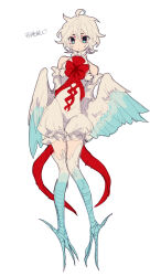 Rule 34 | 1girl, ahoge, bird girl, blue eyes, chinese commentary, chinese text, commentary request, digitigrade, er hea, feathered wings, frills, full body, highres, lobotomy corporation, personification, project moon, punishing bird, red ribbon, ribbon, romper, short hair, simple background, sketch, solo, talons, translation request, white background, white hair, white romper, wings