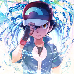 Rule 34 | 1boy, ash ketchum, baseball cap, black gloves, black hair, blue jacket, brown eyes, closed mouth, commentary request, creatures (company), fingerless gloves, game freak, gloves, hand on headwear, hand up, hat, jacket, kanimaru, looking at viewer, male focus, nintendo, pokemon, pokemon (anime), pokemon xy (anime), popped collar, red hat, shirt, short hair, short sleeves, solo