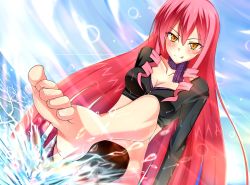 Rule 34 | 10s, 1girl, akuma no riddle, barefoot, boots, breasts, cleavage, feet, female focus, foot focus, highres, inukai isuke, long hair, midriff, otono fei, pink hair, shoes, single shoe, sitting, skirt, smile, soles, solo, thigh boots, thighhighs, toes, tongue, tongue out, water, yellow eyes