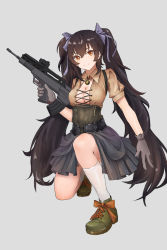 Rule 34 | 1girl, absurdres, alternate color, alternate costume, assault rifle, blue ribbon, breasts, brown eyes, brown hair, brown shirt, bullpup, center opening, cleavage, cleavage cutout, closed mouth, clothing cutout, collared shirt, corset, cross-laced clothes, cross-laced cutout, frilled gloves, frilled skirt, frills, full body, girls&#039; frontline, gloves, green footwear, grey background, gun, hair between eyes, hair ribbon, hand up, highres, holding, holding gun, holding weapon, jewelry, kneehighs, long hair, looking at viewer, mao megumi, matching hair/eyes, medium breasts, necklace, qbz-97, ribbon, rifle, shirt, shoes, short sleeves, simple background, skirt, smile, socks, solo, trigger discipline, twintails, type 97 (girls&#039; frontline), very long hair, weapon, white socks, wing collar