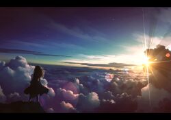 Rule 34 | 1girl, absurdres, cloud, cloudy sky, dress, facing ahead, floating hair, from behind, highres, horizon, lens flare, letterboxed, morning, nengoro, original, outdoors, scenery, sky, solo, star (sky), sun, sunrise