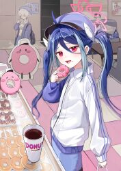 Rule 34 | 1boy, 2girls, absurdres, antenna hair, doodle sensei (blue archive), blue archive, blue hair, blue headwear, blue skirt, blush, bow, coffee, doughnut, food, fubuki (blue archive), grey hair, grey halo, hair bow, halo, hat, highres, holding, holding food, indoors, jacket, long hair, multicolored hair, multiple girls, nez (nez 0 0), open clothes, open jacket, open mouth, pink halo, red eyes, sensei (blue archive), short hair, skirt, twintails, valkyrie police academy student (blue archive), white bow, white jacket