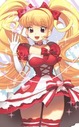 Rule 34 | 1girl, asahina mirai, bad id, bad pixiv id, blonde hair, bow, choker, cowboy shot, cure miracle, cure miracle (ruby style), cure miracle ruby style, earrings, elbow gloves, gloves, hair bow, hat, heart, heart earrings, highres, jewelry, long hair, looking at viewer, magical girl, mahou girls precure!, mini hat, mini witch hat, pink hat, precure, purple eyes, red bow, ruby style, skirt, smile, solo, striped, striped bow, thighhighs, twintails, wadani hitonori, white gloves, witch hat