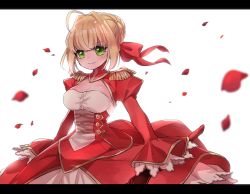 Rule 34 | 10s, 1girl, aestus estus, ahoge, blonde hair, breasts, cleavage, closed mouth, epaulettes, fate/extra, fate (series), green eyes, hair ribbon, highres, holding, holding sword, holding weapon, letterboxed, long sleeves, looking at viewer, nero claudius (fate), nero claudius (fate), nero claudius (fate/extra), petals, red ribbon, ribbon, short hair, simple background, sleeves past wrists, smile, solo, soramame pikuto, sword, weapon, white background