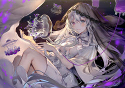 Rule 34 | 1girl, album cover, black background, blue eyes, blush, capelet, closed mouth, commentary request, cover, dress, floating hair, hair between eyes, hands up, heterochromia, intravenous drip, jellyfish, knees up, kouyafu, long hair, looking at viewer, magic, original, purple eyes, reclining, sidelocks, silver hair, sleeveless, sleeveless dress, smile, solo, veil, very long hair, white capelet, white dress, wristband