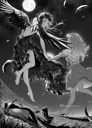 Rule 34 | 2girls, absurdres, backless dress, backless outfit, barefoot, dress, feathered wings, feathers, field, flying, following, frilled dress, frills, full moon, greyscale, hatoneayumu, high heels, highres, long hair, looking at another, looking to the side, monochrome, moon, multiple girls, night, night sky, original, petticoat, pulling, running, see-through, shawl, skirt hold, sky, smile, soles, star (sky), starry sky, stiletto heels, strapless, twitter username, wavy hair, wings