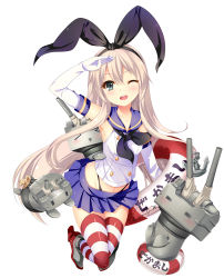 Rule 34 | 10s, 1girl, = =, alternate eye color, aqua eyes, blonde hair, elbow gloves, gloves, grandia bing, hairband, innertube, kantai collection, long hair, navel, one eye closed, rensouhou-chan, salute, shimakaze (kancolle), simple background, skirt, striped clothes, striped thighhighs, swim ring, thighhighs, white background, wink