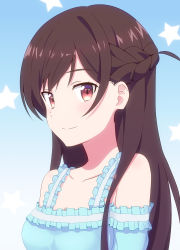 Rule 34 | 1girl, bare shoulders, blue background, blue shirt, braid, breasts, brown eyes, brown hair, closed mouth, collarbone, commentary request, derivative work, eyebrows hidden by hair, gradient background, kanojo okarishimasu, long hair, medium breasts, mizuhara chizuru, off-shoulder shirt, off shoulder, shirt, smile, solo, star (symbol), starry background, upper body, white background, yutsuki warabi