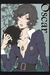 Rule 34 | 1boy, androgynous, belt, black hair, blue eyes, breast padding, character name, collarbone, crossdressing, dress, half-closed eyes, lupin iii, male focus, necklace, open clothes, oscar (lupin), parted lips, school uniform, shijima tohiro, simple background, solo, trap, uniform, upper body, wavy hair, wig