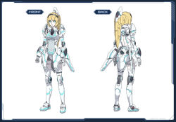 Rule 34 | 1girl, android, armor, concept art, deal series, joints, multiple views, pale skin, phantasy star, phantasy star online 2, racaseal, robot, robot joints, sega, simple background, standing, turnaround