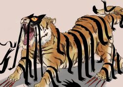 Rule 34 | alternate species, blood, blood on face, claws, colored sclera, constricted pupils, dream tiger (govy9807), fang, ndyoussi, no humans, open mouth, orange fur, original, sharp teeth, teeth, tiger, tiger stripes, yellow sclera