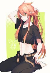 Rule 34 | 1boy, barefoot, belt, black pants, black shirt, border, collarbone, commentary request, cropped shirt, green background, green eyes, hair between eyes, highres, long hair, luke fon fabre, male focus, midriff, mieu (tales), mitabichan, navel, pants, red hair, seiza, shirt, sidelocks, sitting, solo, sweat, tales of (series), tales of the abyss, white border
