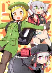 Rule 34 | 3girls, :d, backpack, bag, bandaged arm, bandages, beret, black bow, black dress, black gloves, black hat, black legwear, black panties, black shirt, blonde hair, blush, bow, braid, brown gloves, closed mouth, collared jacket, commentary request, crime prevention buzzer, dress, elbow gloves, etori, facial scar, fate/grand order, fate (series), gloves, gothic lolita, green eyes, green hat, green jacket, grey hair, hair between eyes, hat, hat bow, jack the ripper (fate/apocrypha), jacket, lolita fashion, long hair, long sleeves, looking at viewer, low twintails, multiple girls, navel, nursery rhyme (fate), open mouth, orange eyes, outstretched arms, panties, pantyhose, paul bunyan (fate), puffy short sleeves, puffy sleeves, purple eyes, randoseru, scar, scar across eye, scar on cheek, scar on face, shirt, short sleeves, sleeveless, sleeveless shirt, smile, spread arms, thighhighs, twin braids, twintails, underwear, v-shaped eyebrows, very long hair, white hair