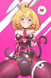 Rule 34 | 1girl, :d, ace (playing card), ace of hearts, ahoge, anger vein, animal ears, ball, bare shoulders, bdsm, between thighs, blonde hair, blush, bondage, bound, bow, breasts, card, cat ears, cat tail, cleavage cutout, clothing cutout, crushing, green eyes, hair between eyes, hair ornament, hairclip, heart, highleg, highleg leotard, highres, joker (playing card), leg strap, leotard, looking at viewer, lucie (millie parfait), millie parfait, mizmillificent, nijisanji, nijisanji en, open mouth, playboy bunny, playing card, rabbit ears, rabbit hole (vocaloid), ribbon, signature, small breasts, smile, solo, solo focus, tail, teeth, thick thighs, thighs, tie clip, two-tone background, virtual youtuber