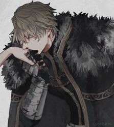 Rule 34 | 1boy, armor, black cloak, blonde hair, cloak, closed eyes, conohi (snvcenni), fate/grand order, fate (series), from side, fur-trimmed jacket, fur trim, gawain (fate), jacket, kiss, kissing hand, leaning forward, male focus, simple background, solo, white background