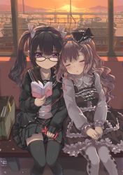 Rule 34 | 10s, 2013, 2girls, argyle, argyle clothes, argyle legwear, artist name, bag, black hair, black legwear, blush, book, bow, brown hair, cardigan, closed eyes, dated, digital media player, earphones, glasses, hair bow, hair ornament, hairclip, headphones, highres, leaning on person, military, military vehicle, motor vehicle, multiple girls, north abyssor, open book, open cardigan, open clothes, original, pantyhose, panzer iv, pink eyes, school uniform, serafuku, shared earphones, shopping bag, side-by-side, signature, sitting, skirt, sleeping, sleeping upright, string, string of fate, sunset, tank, thighhighs, train, train interior, twintails, vehicle, wavy hair, white legwear, zettai ryouiki