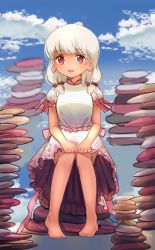 Rule 34 | 1girl, absurdres, barefoot, blue sky, blurry, breasts, cloud, commentary request, dark-skinned female, dark skin, day, depth of field, earlobes, ebisu eika, frilled skirt, frills, hair ribbon, highres, knees together feet apart, long earlobes, looking at viewer, low twintails, making-of available, medium hair, open mouth, outdoors, pink ribbon, puffy short sleeves, puffy sleeves, red eyes, ribbon, rock, shirt, short sleeves, sitting, sitting on rock, skirt, skirt hold, skirt set, sky, sly930105, small breasts, solo, toenails, touhou, twintails, white hair, white shirt, white skirt