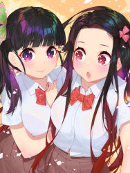 Rule 34 | 2girls, :o, arm hug, black hair, black skirt, blouse, blunt bangs, blush, bow, bowtie, breasts, bright pupils, butterfly hair ornament, chestnut mouth, closed mouth, collared shirt, commentary request, contemporary, cowboy shot, dress shirt, forehead, gradient hair, hair ornament, hair ribbon, highres, kamado nezuko, kimetsu no yaiba, looking at another, looking at viewer, looking to the side, medium breasts, multicolored hair, multiple girls, outstretched arm, pink eyes, pink ribbon, pleated skirt, ponytail, purple eyes, purple hair, red bow, red hair, red neckwear, ribbon, school uniform, selfie, shirt, short sleeves, skirt, smile, star (symbol), star in eye, starry background, striped bow, striped bowtie, striped clothes, striped neckwear, symbol in eye, tsuyuri kanao, two-tone hair, waterring, white shirt