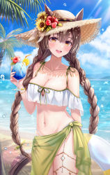 Rule 34 | 1girl, :d, absurdres, animal ears, bare shoulders, bikini, braid, breasts, brown eyes, brown hair, cleavage, cleavage cutout, clothing cutout, collarbone, commentary, drinking straw, flower, food, fruit, funii, hat, hat flower, hibiscus, highres, holding, horse ears, horse girl, innertube, large breasts, long hair, looking at viewer, navel, off-shoulder bikini, off shoulder, open mouth, orange (fruit), orange slice, outdoors, palm tree, red flower, revision, sarong, satono diamond (umamusume), smile, solo, stomach, sun hat, swim ring, swimsuit, symbol-only commentary, tree, tropical drink, twin braids, umamusume, very long hair, white bikini, yellow flower