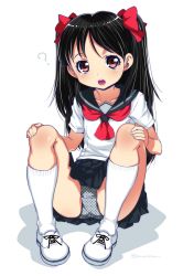 Rule 34 | 1girl, ?, black hair, blush, brown eyes, character request, copyright request, hair ribbon, highres, long hair, looking at viewer, mudou eichi, open mouth, panties, pantyshot, polka dot, polka dot panties, ribbon, school uniform, simple background, sitting, skirt, solo, underwear