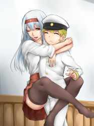 Rule 34 | 10s, 1boy, 1girl, :&lt;, ;d, feet, hairband, hat, hetero, hug, ishii hisao, japanese clothes, kantai collection, leg lock, little boy admiral (kancolle), long hair, military, military uniform, no shoes, one eye closed, open mouth, personification, short hair, shoukaku (kancolle), silver hair, skirt, smile, thighhighs, uniform
